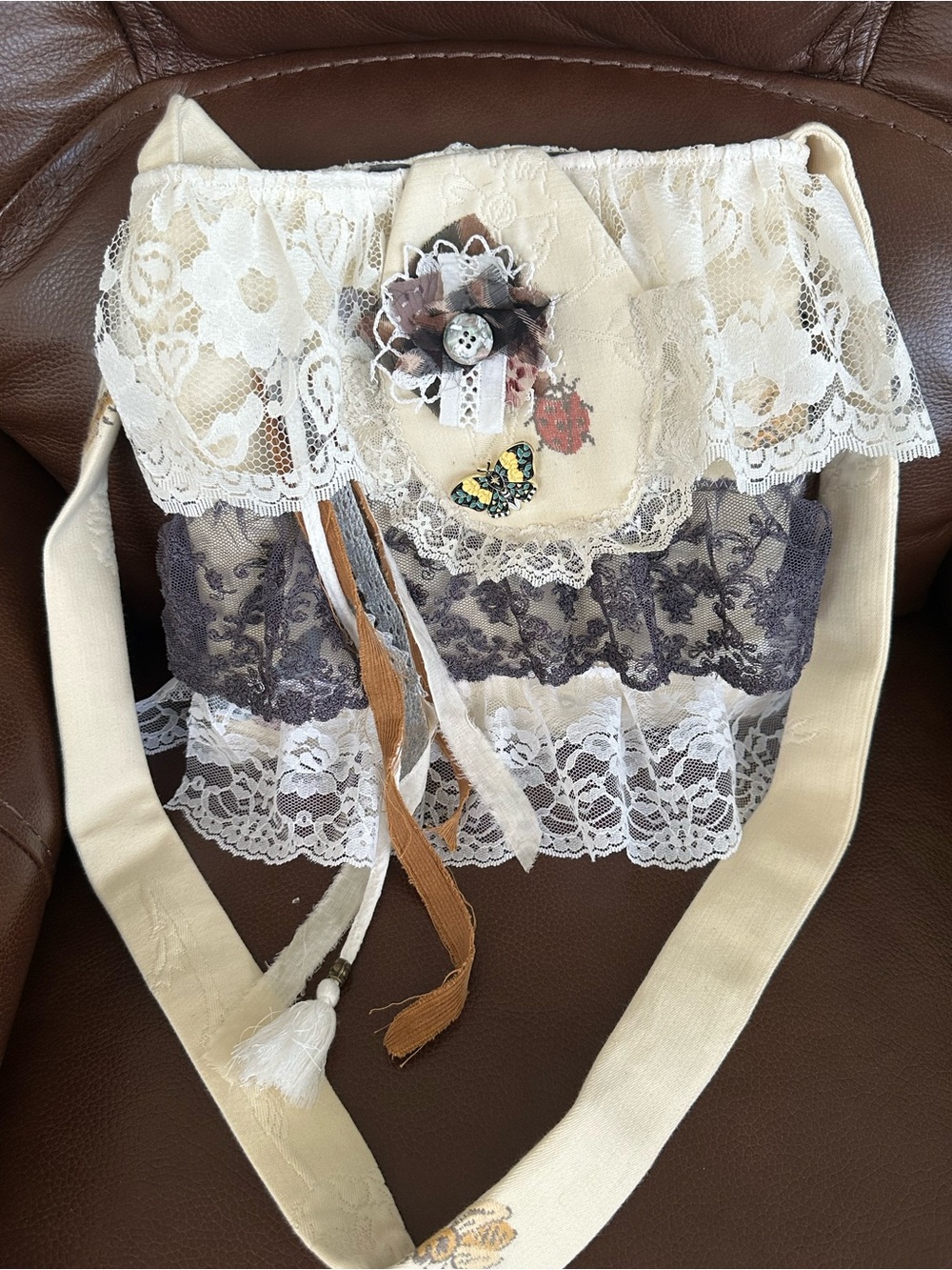Boho Lace Crossbody Bag in Cream and Gray with Floral Accent